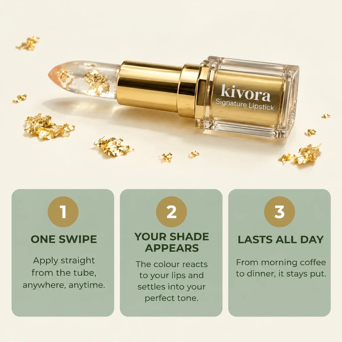 Kivora lipstick with three steps: one swipe, your shade appears, lasts all day