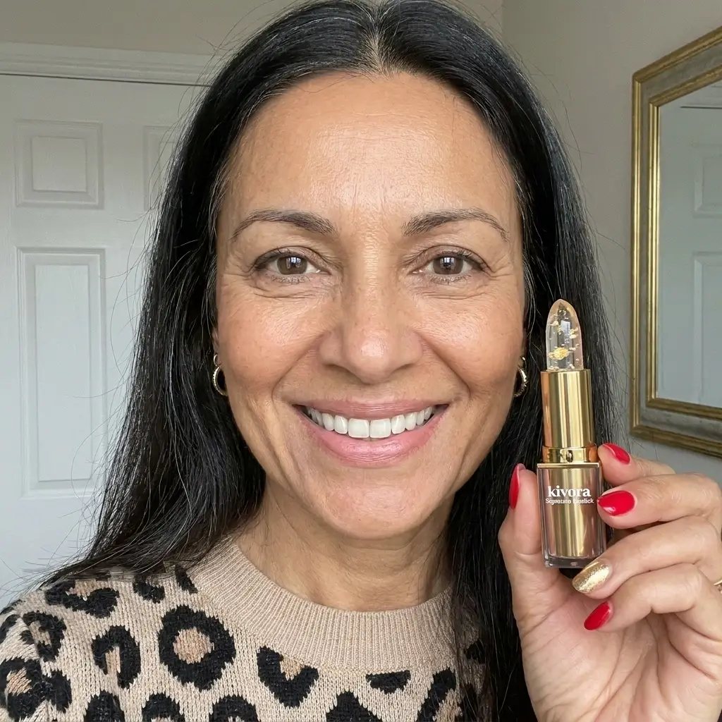 Smiling woman with dark hair holding a gold Kivora lipstick