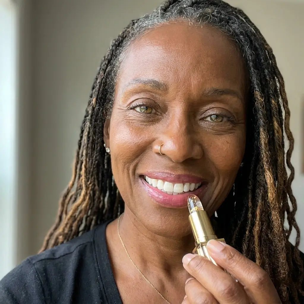 Woman with braided hair smiling and holding a Kivora lipstick